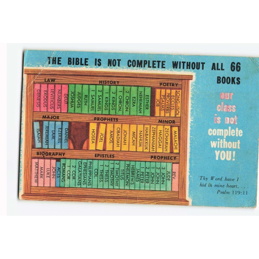 Vintage Sunday School Invitation Postcard 66 Books of the Bible Bookshelf VG
